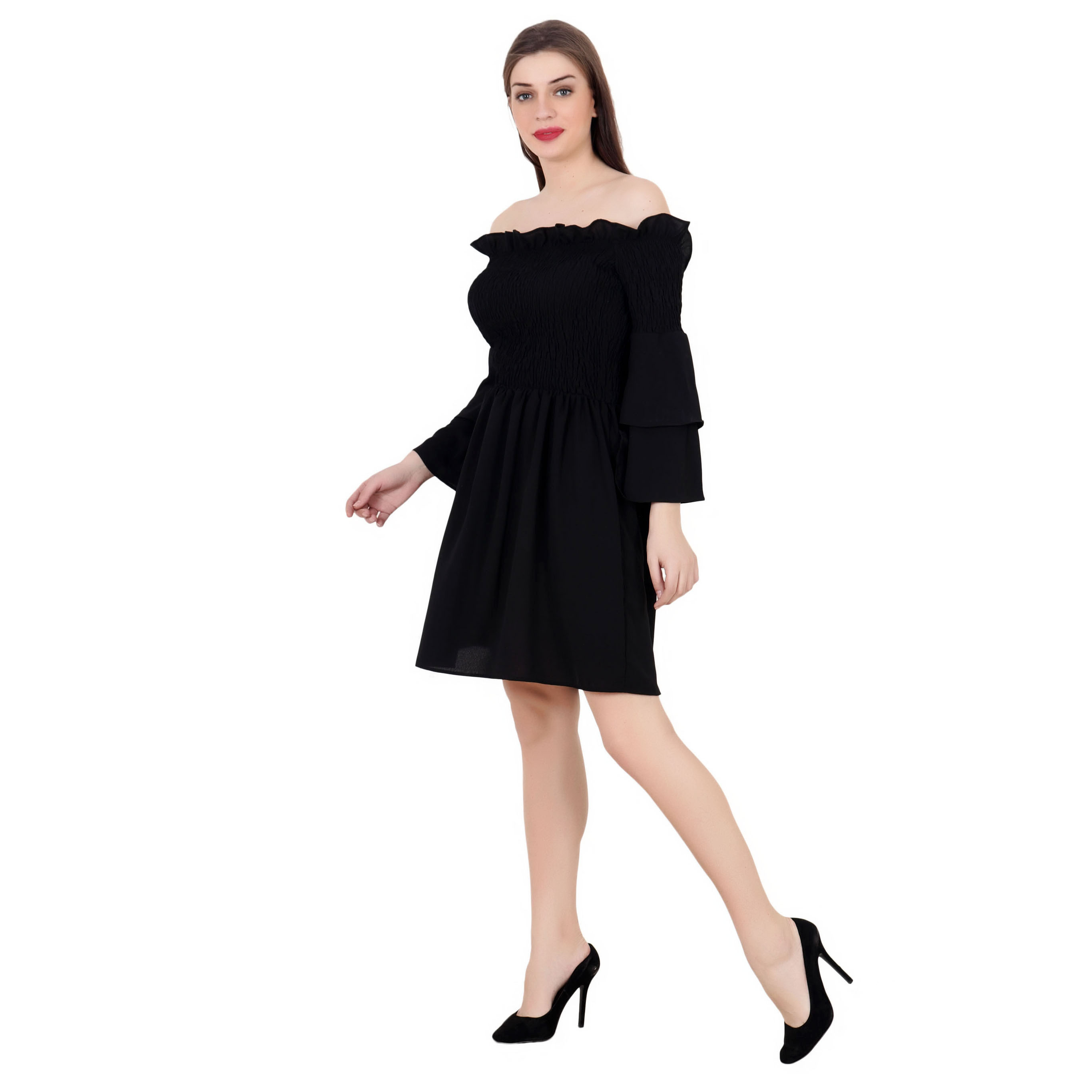 BLACK OFF SHOULDER BELL SLEEVE FLARED MIDI